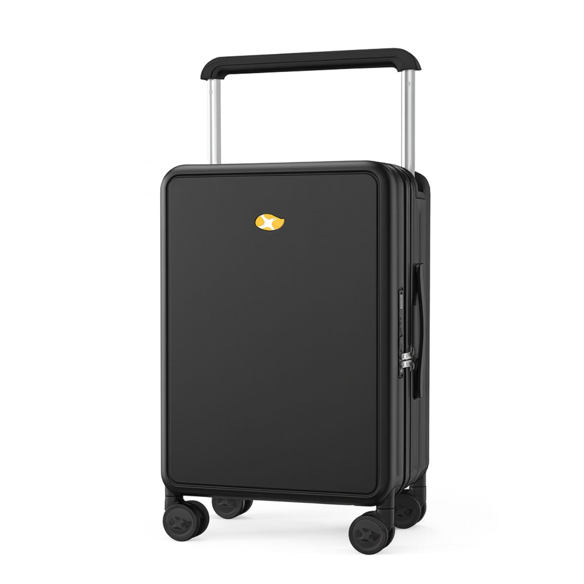 Black hard-shell luggage with telescopic handle and four-wheel system.
