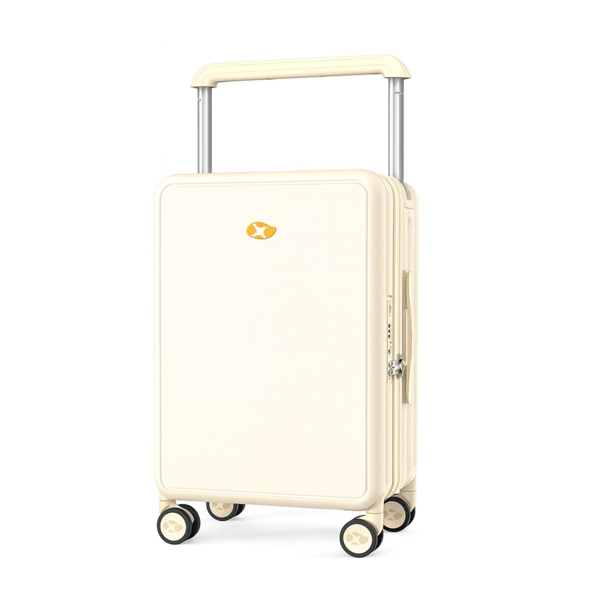 Beige suitcase with a visible brand logo on a white background