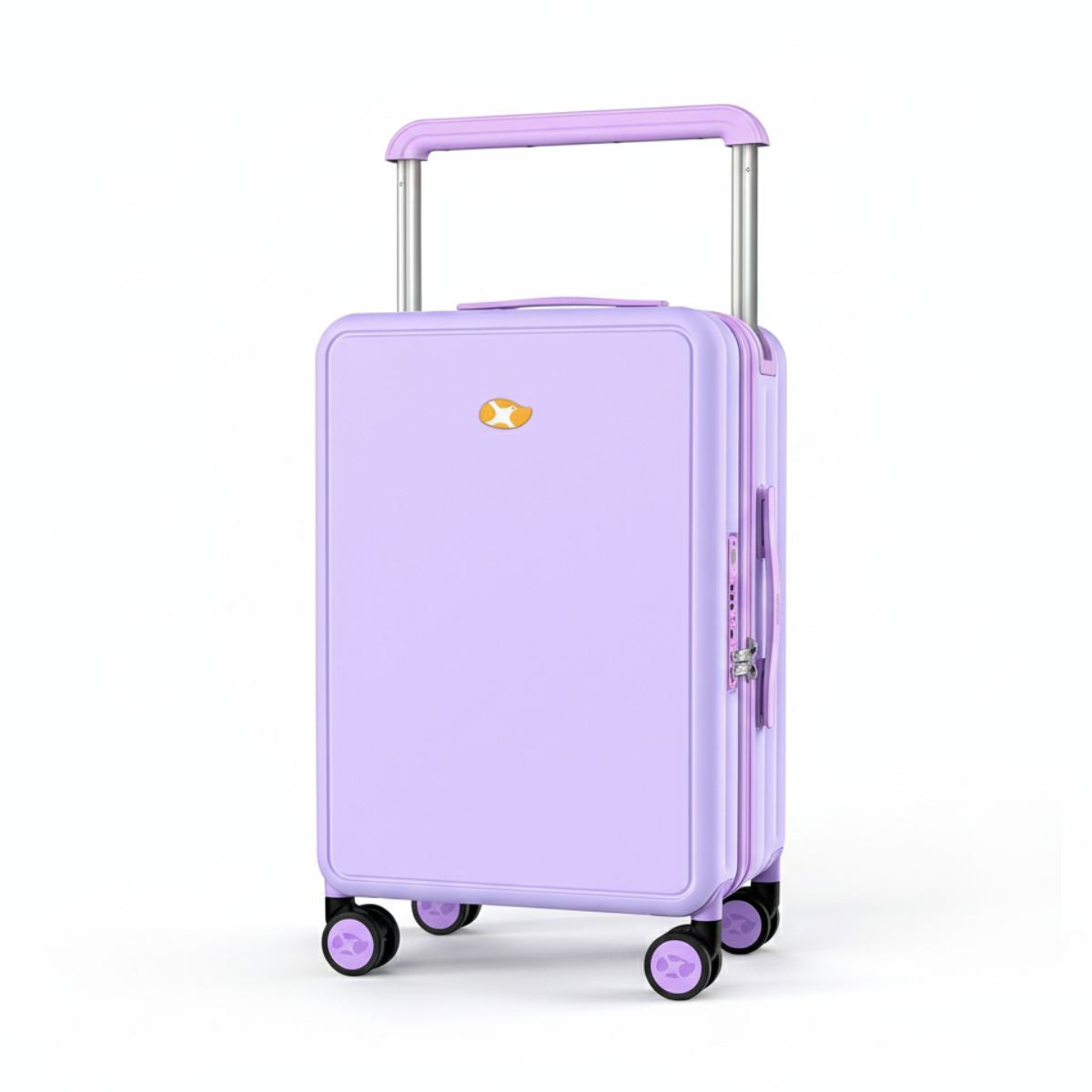 Purple hard-shell suitcase with four swivel wheels, telescopic handle, and a small orange-white logo on the front.