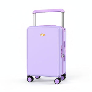 Purple hard-shell suitcase with four swivel wheels, telescopic handle, and a small orange-white logo on the front.