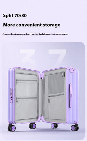 Open purple suitcase with 70/30 split design, showing multiple mesh and zip compartments for organized storage.