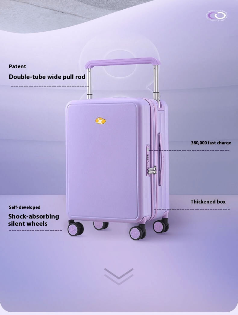 Purple suitcase with wide double-tube handle, thickened shell, and shock-absorbing silent wheels.