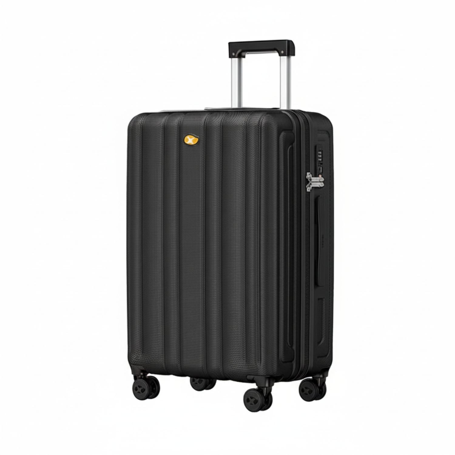Black suitcase with a visible brand logo on a white background