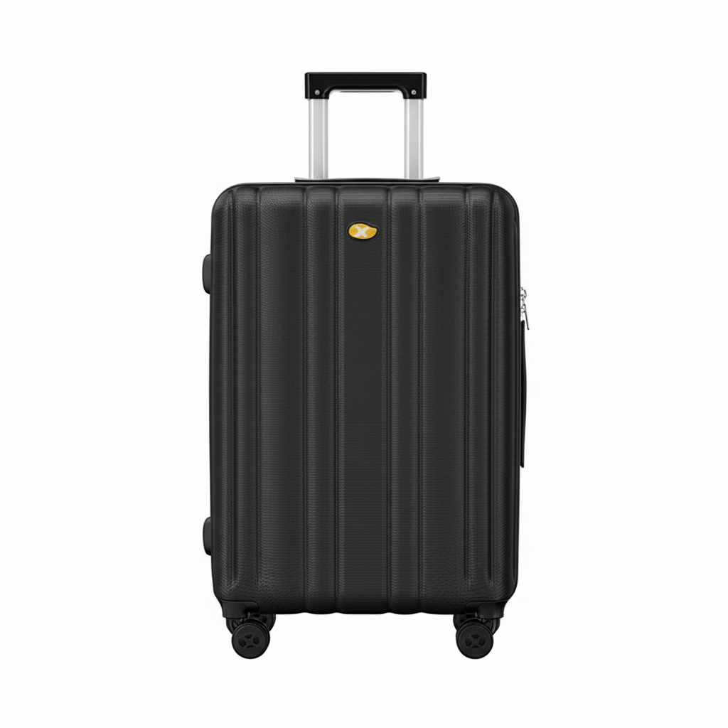 Black suitcase with a visible brand logo on a white background