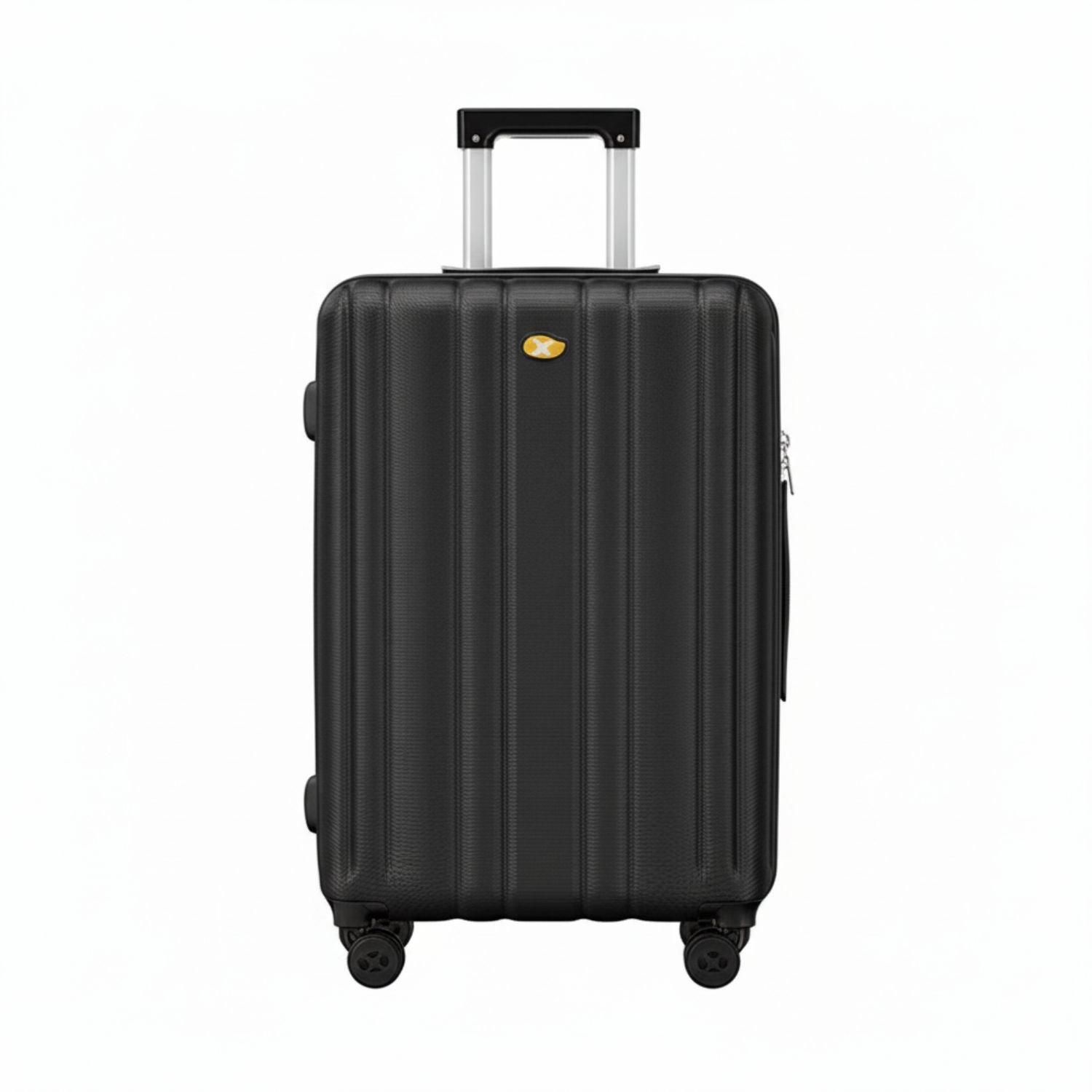 Black suitcase with a visible brand logo on a white background
