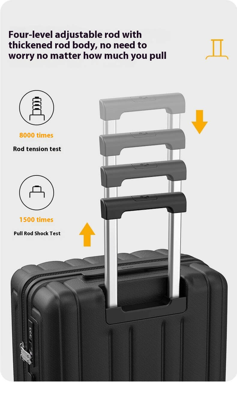 Black suitcase with a four-level adjustable rod on a white background