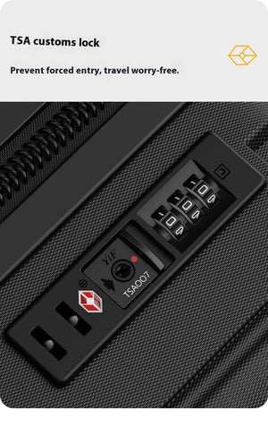 TSA customs lock on a black suitcase with text 'Prevent forced entry, travel worry-free.'