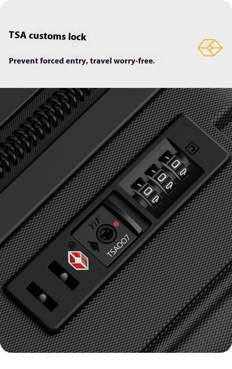 TSA customs lock on a black suitcase with text 'Prevent forced entry, travel worry-free.'