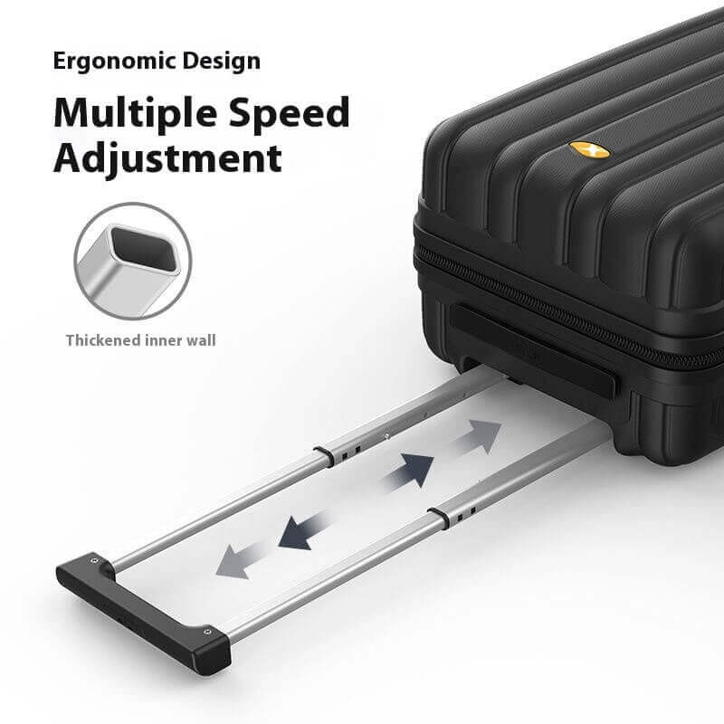 Black suitcase with a rolling mechanism and text about ergonomic design and multiple speed adjustment.