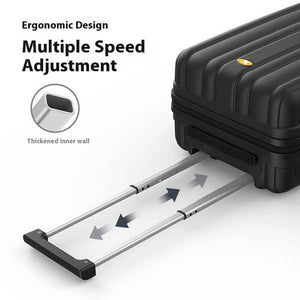 Black suitcase with a rolling mechanism on a white background, highlighting ergonomic design and multiple speed adjustment.