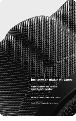 Black textured material with text on a white background