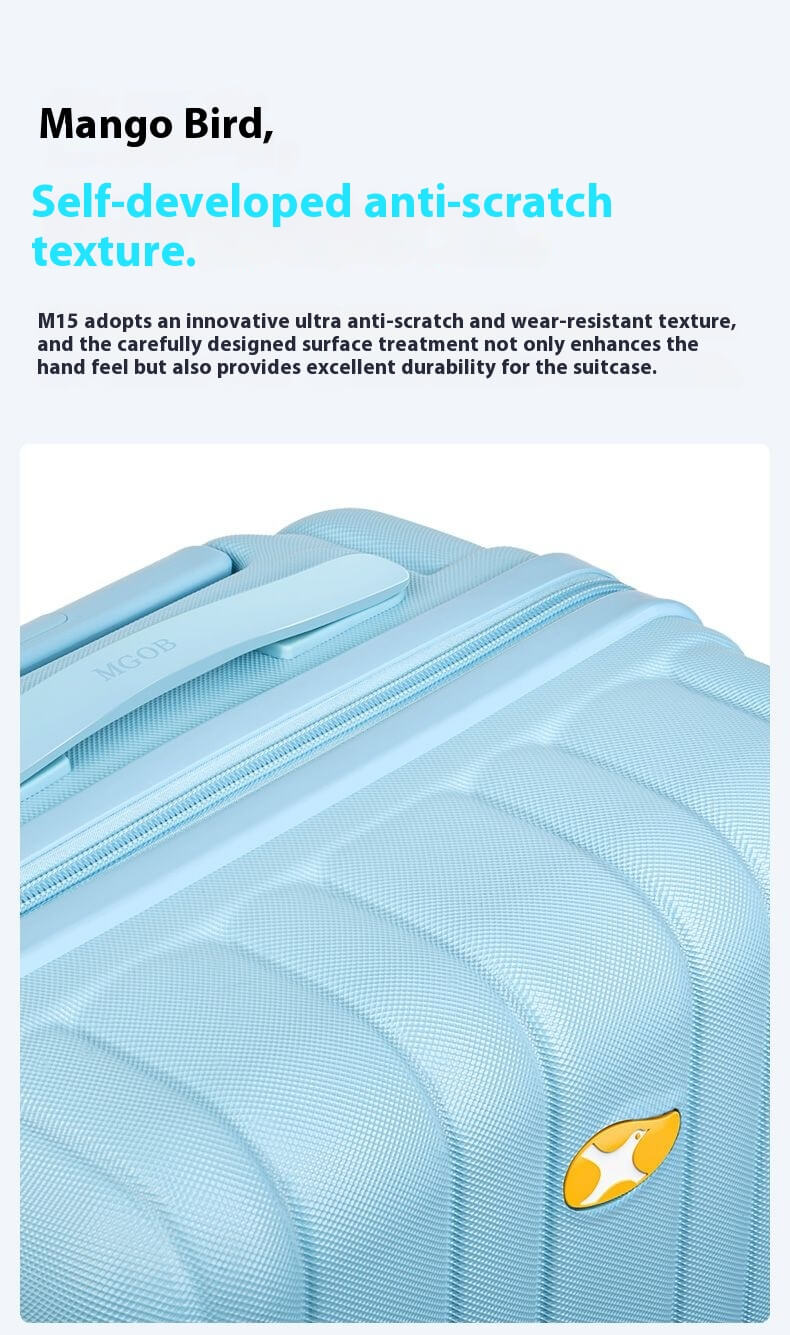 Light blue suitcase with anti-scratch texture feature highlighted