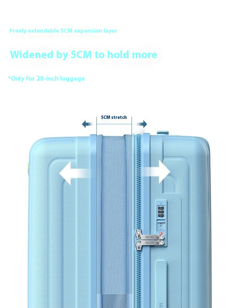 Blue suitcase with an extended expandable layer showing 5cm stretch, on a white background.