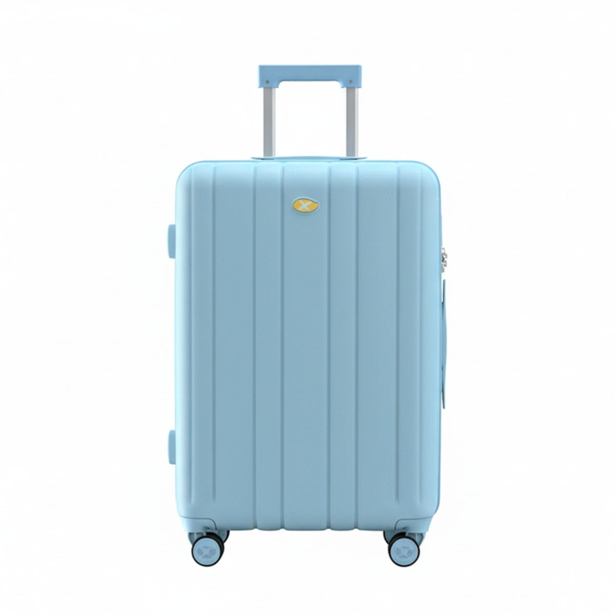Light blue suitcase with a visible brand logo on a white background