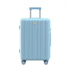 Light blue suitcase with a visible brand logo on a white background
