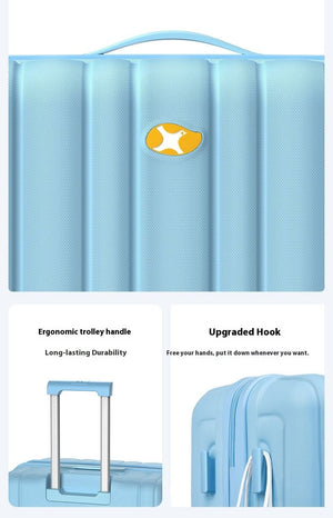 Light blue suitcase with ergonomic handle and upgraded hook feature on a white background