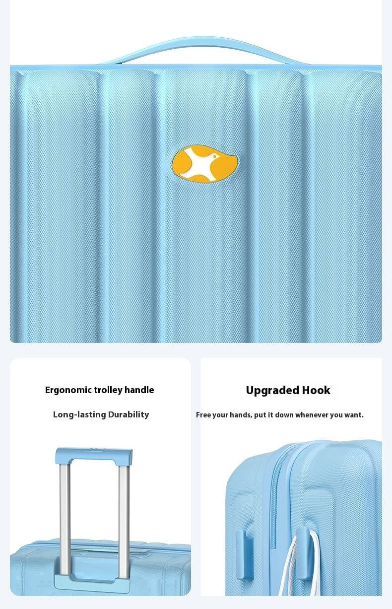 Light blue suitcase with ergonomic handle and upgraded hook feature on a white background