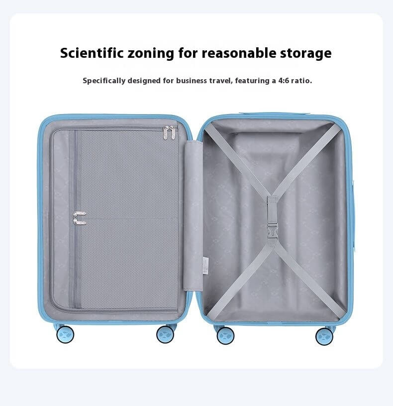 Open suitcase with blue exterior and gray interior, featuring text about scientific zoning and storage.