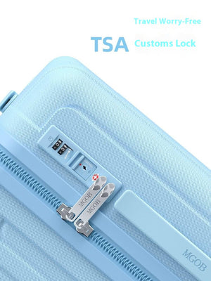 Light blue suitcase with TSA lock on a white background