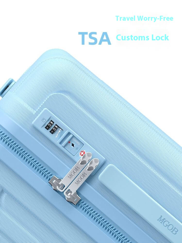 Light blue suitcase with TSA lock on a white background