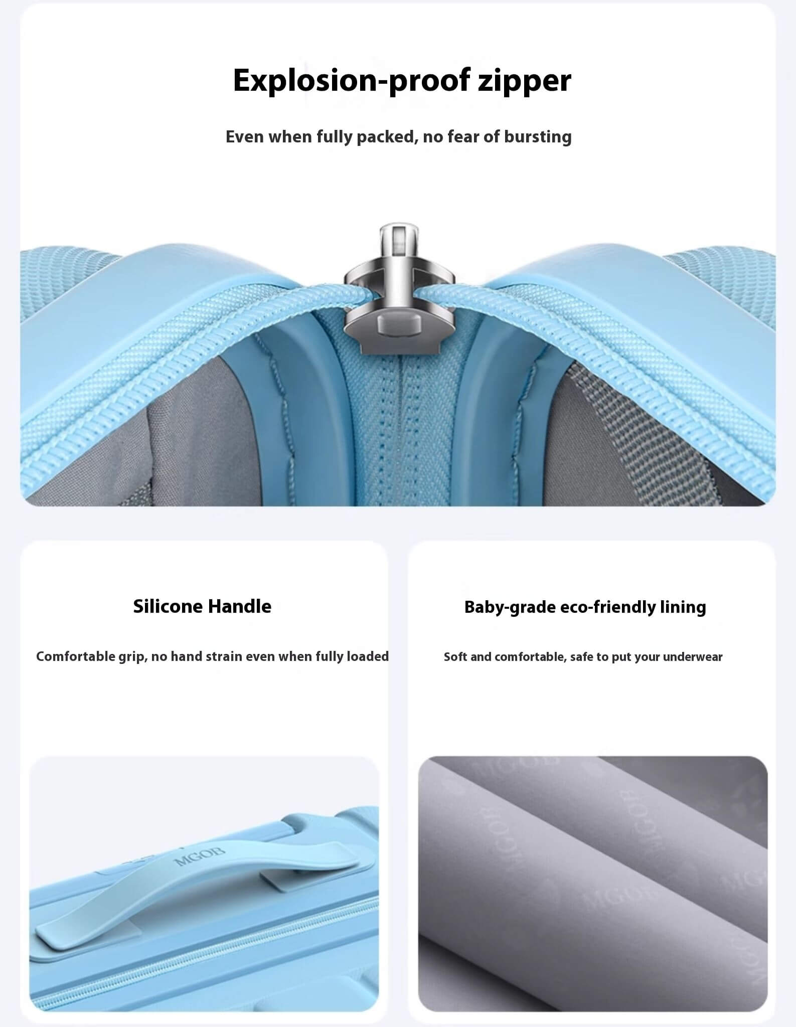 Blue suitcase with features highlighted on a white background