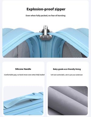 Blue suitcase with features highlighted on a white background