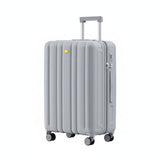 Gray suitcase with a visible brand logo on a white background
