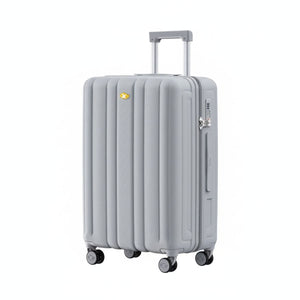 Gray suitcase with a visible brand logo on a white background