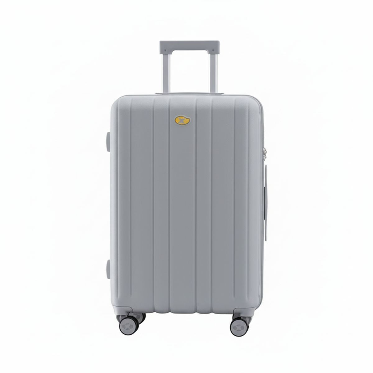 Gray suitcase with a visible brand logo on a white background