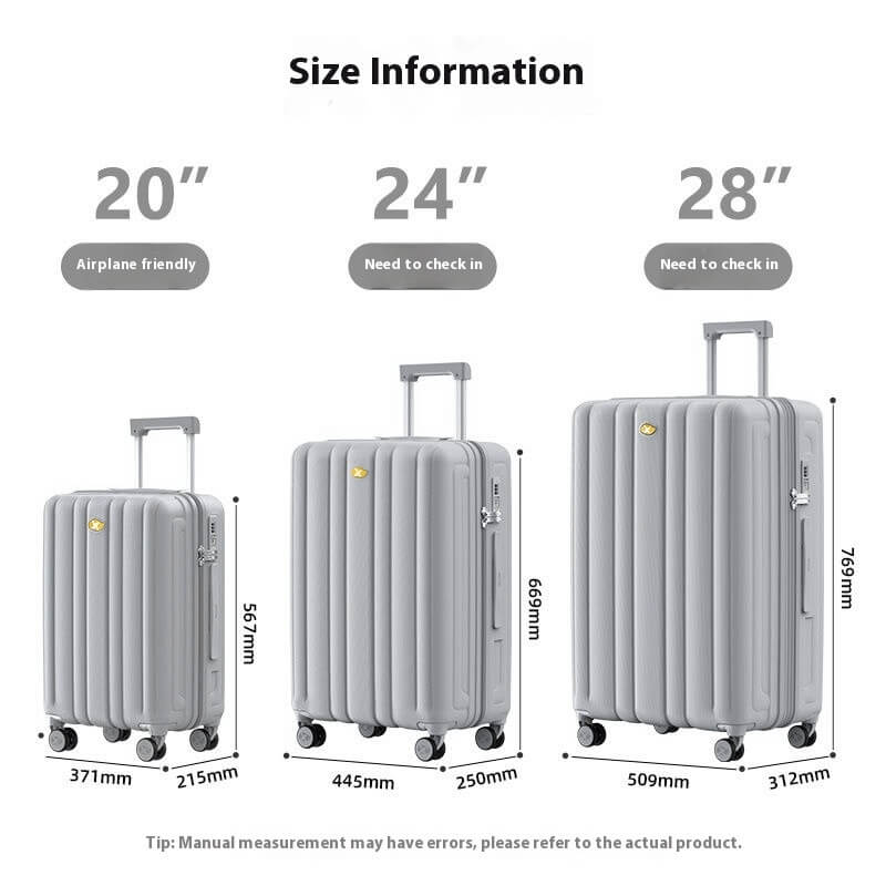 Three gray suitcases with measurements and size information on a white background