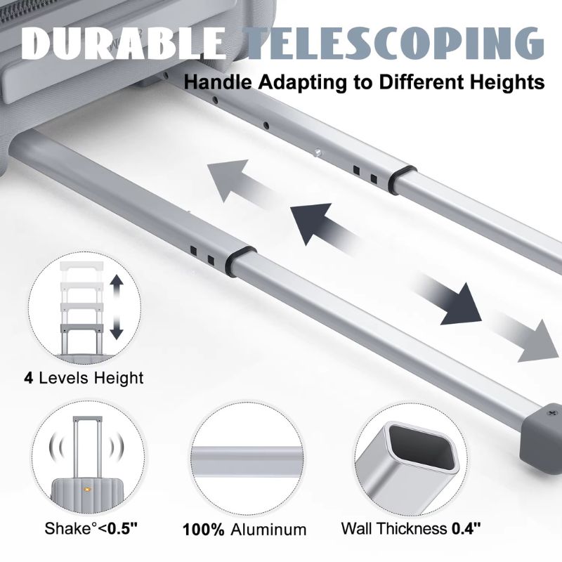 Telescoping handle with adjustable height features and durability details on a white background.