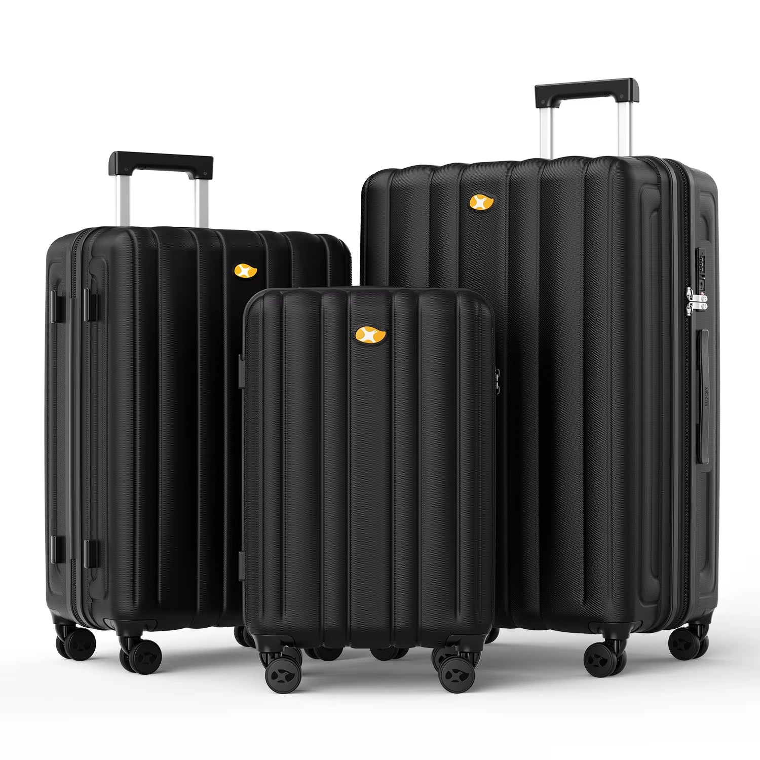 Three black suitcases of different sizes on a white background