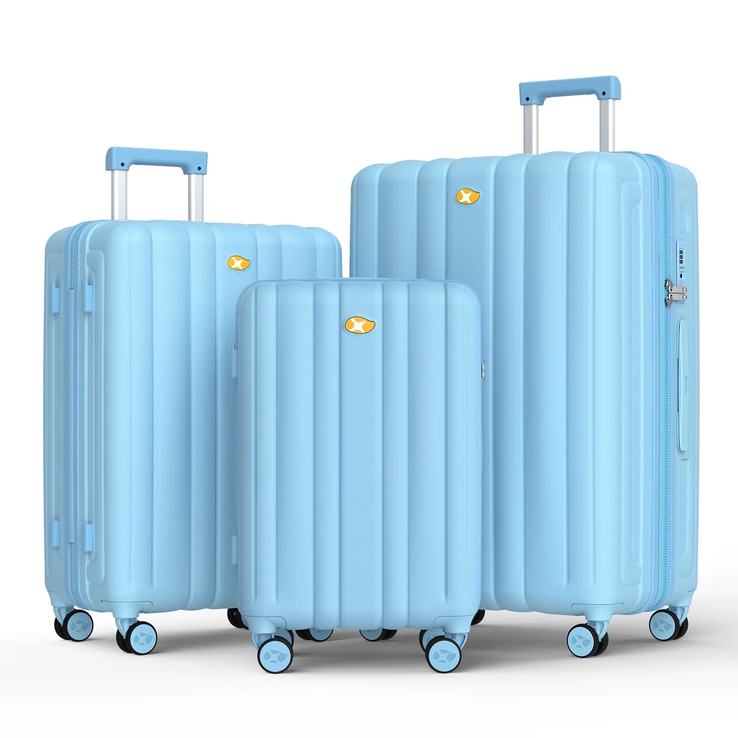 Set of light blue suitcases of different sizes on a white background