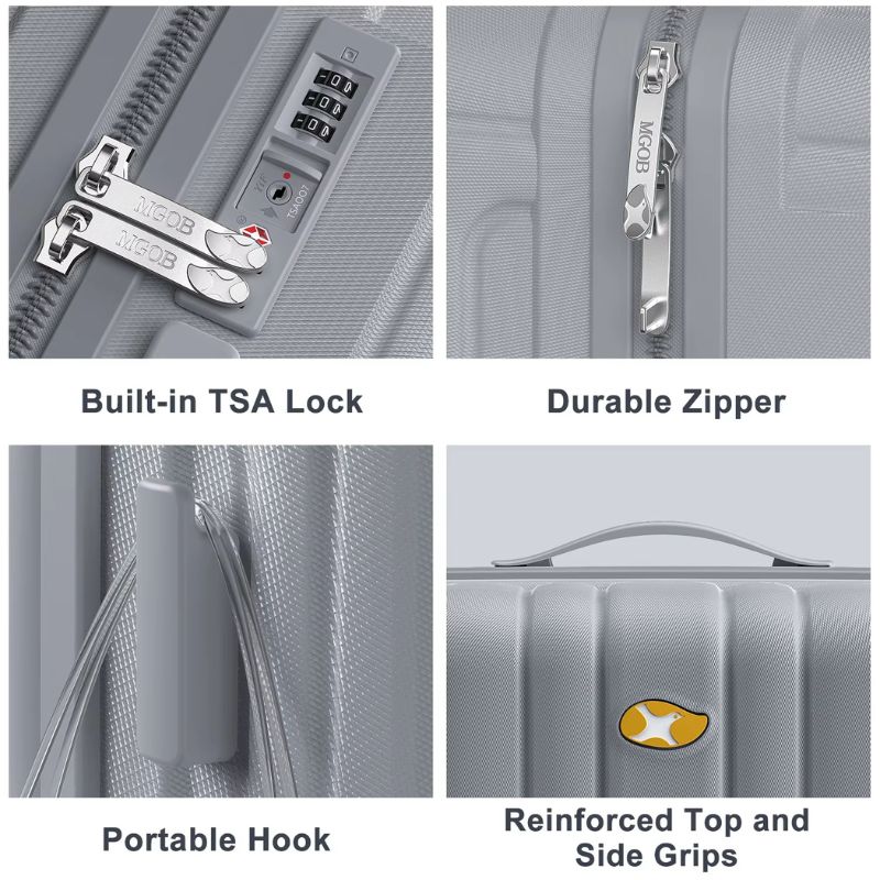 Gray suitcase with features highlighted: built-in TSA lock, durable zipper, portable hook, and reinforced top and side grips.