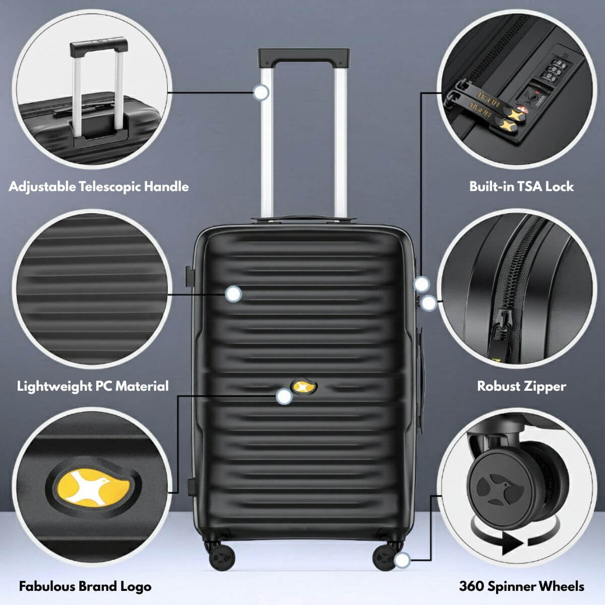 Black suitcase with features highlighted on a gray background