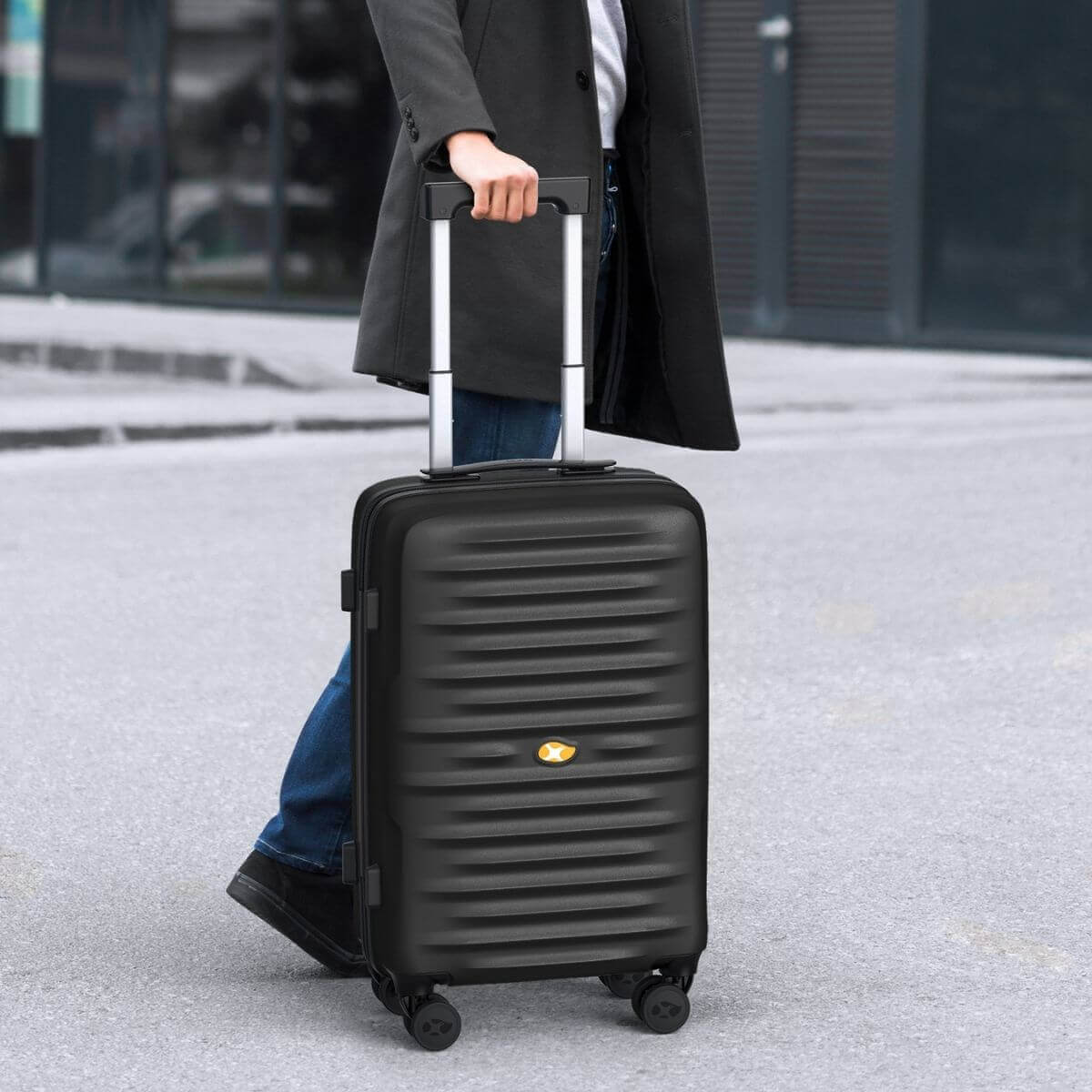 Person holding a black suitcase on a street