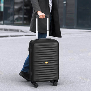 Person holding a black suitcase on a street