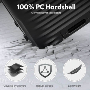 Black hardshell suitcase with durability features on a textured surface