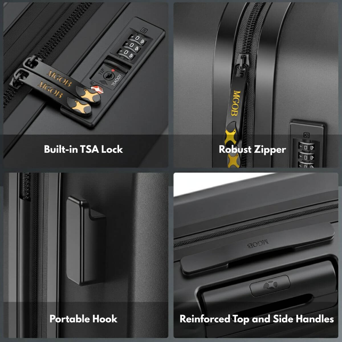 Collage of a black suitcase with features highlighted, including a built-in TSA lock, robust zipper, portable hook, and reinforced top and side handles.
