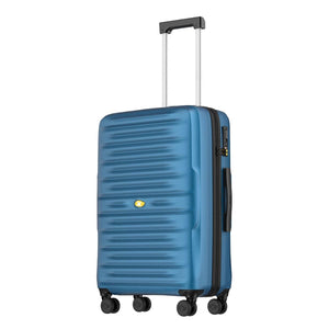 Blue suitcase with a visible brand logo on a white background