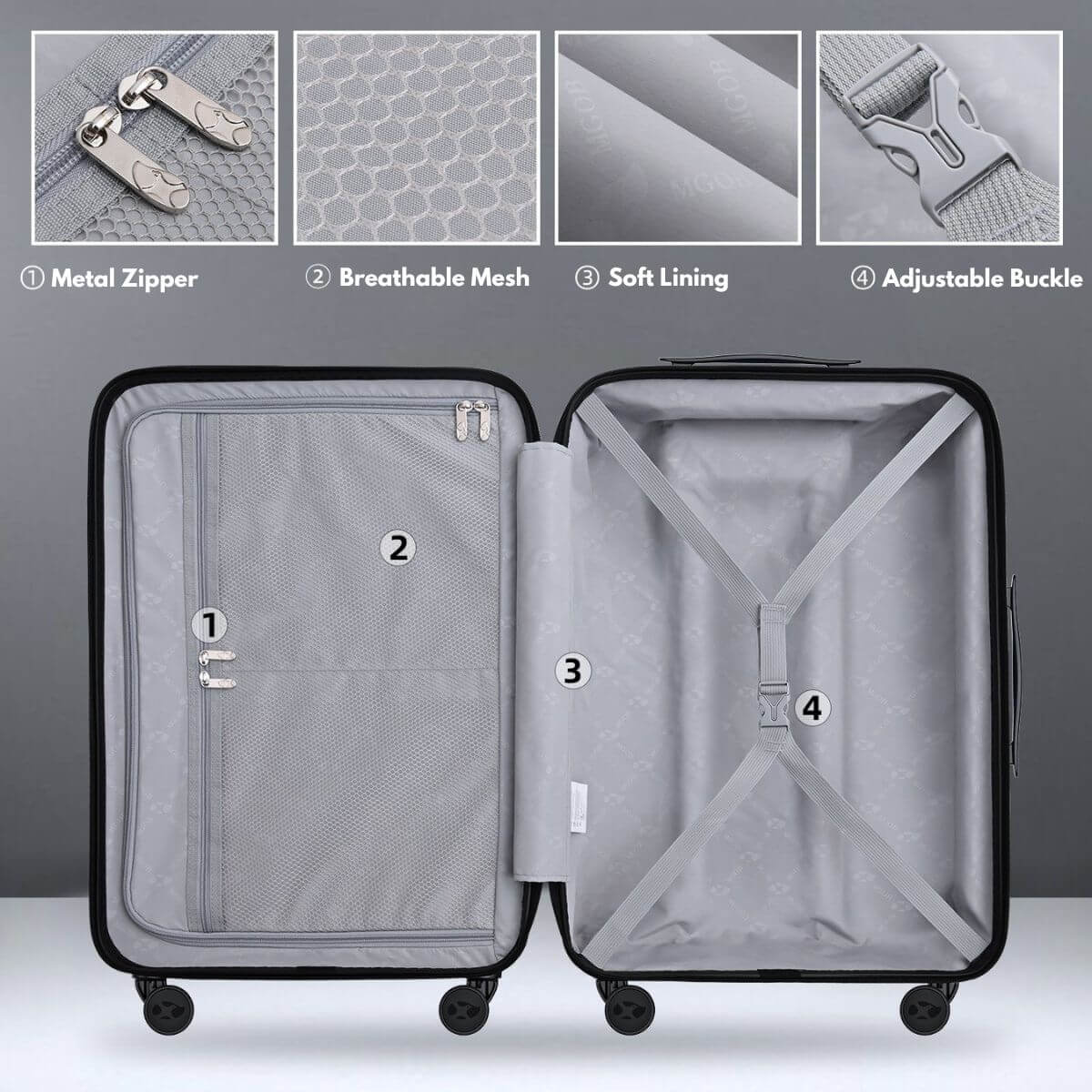 Gray suitcase with features highlighted on a gray background