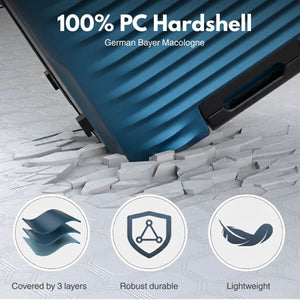 Blue hardshell suitcase with durability features on a textured surface