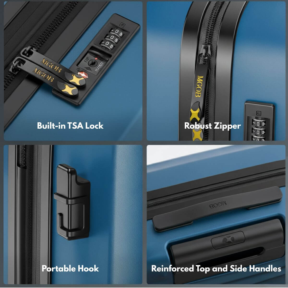 Collage of a blue suitcase with features labeled including built-in TSA lock, robust zipper, portable hook, and reinforced top and side handles.