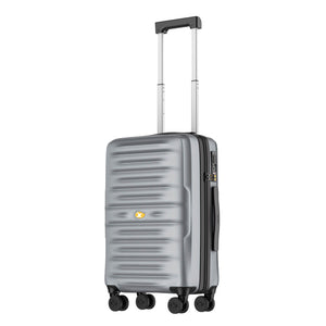 Silver suitcase with wheels and handle on a white background