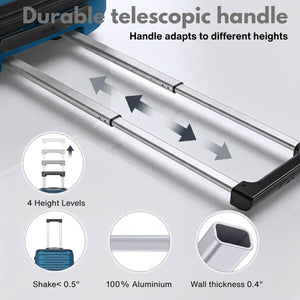 Telescopic handle of a suitcase with height adjustment features on a white background