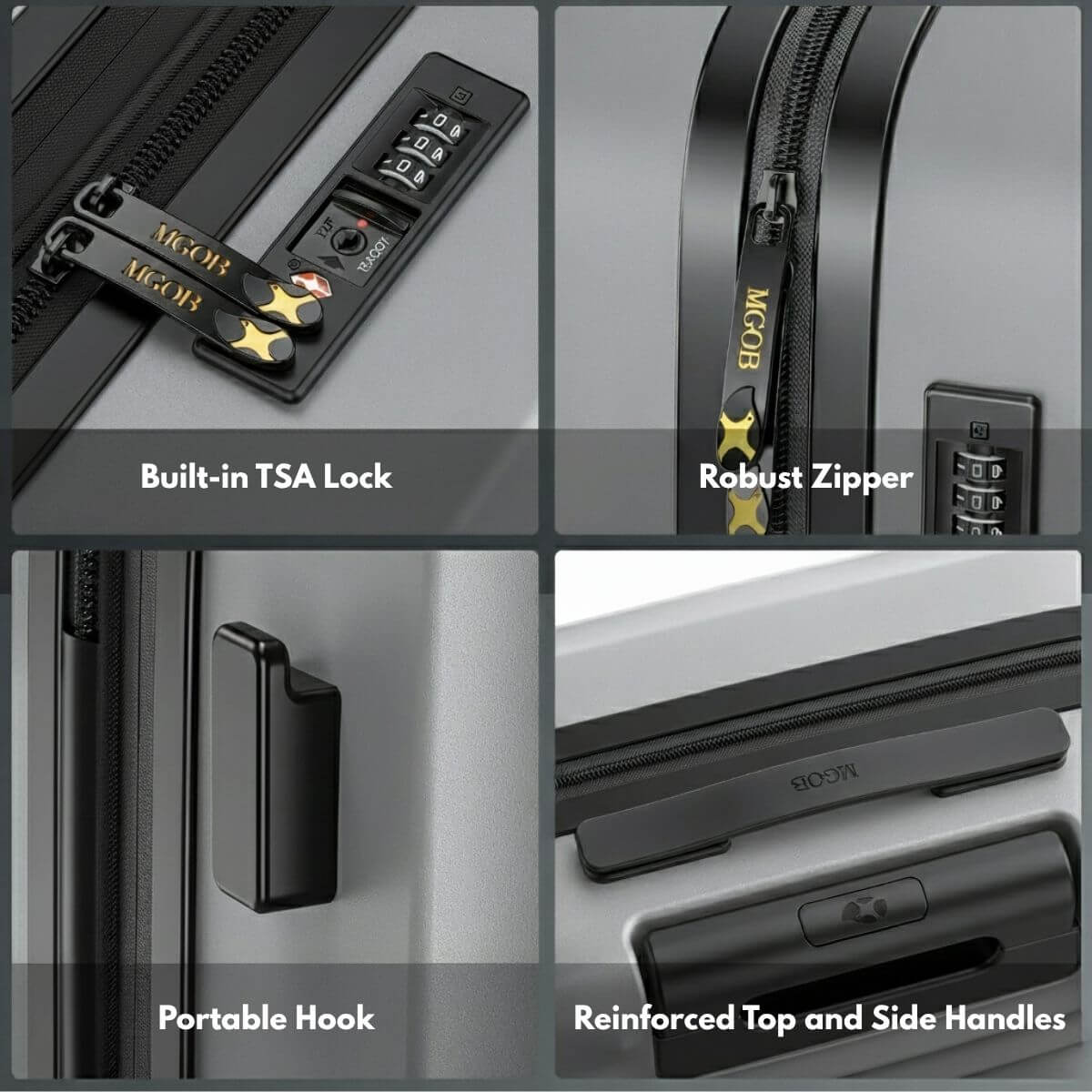 Collage of a suitcase's features including a built-in TSA lock, robust zipper, portable hook, and reinforced top and side handles.