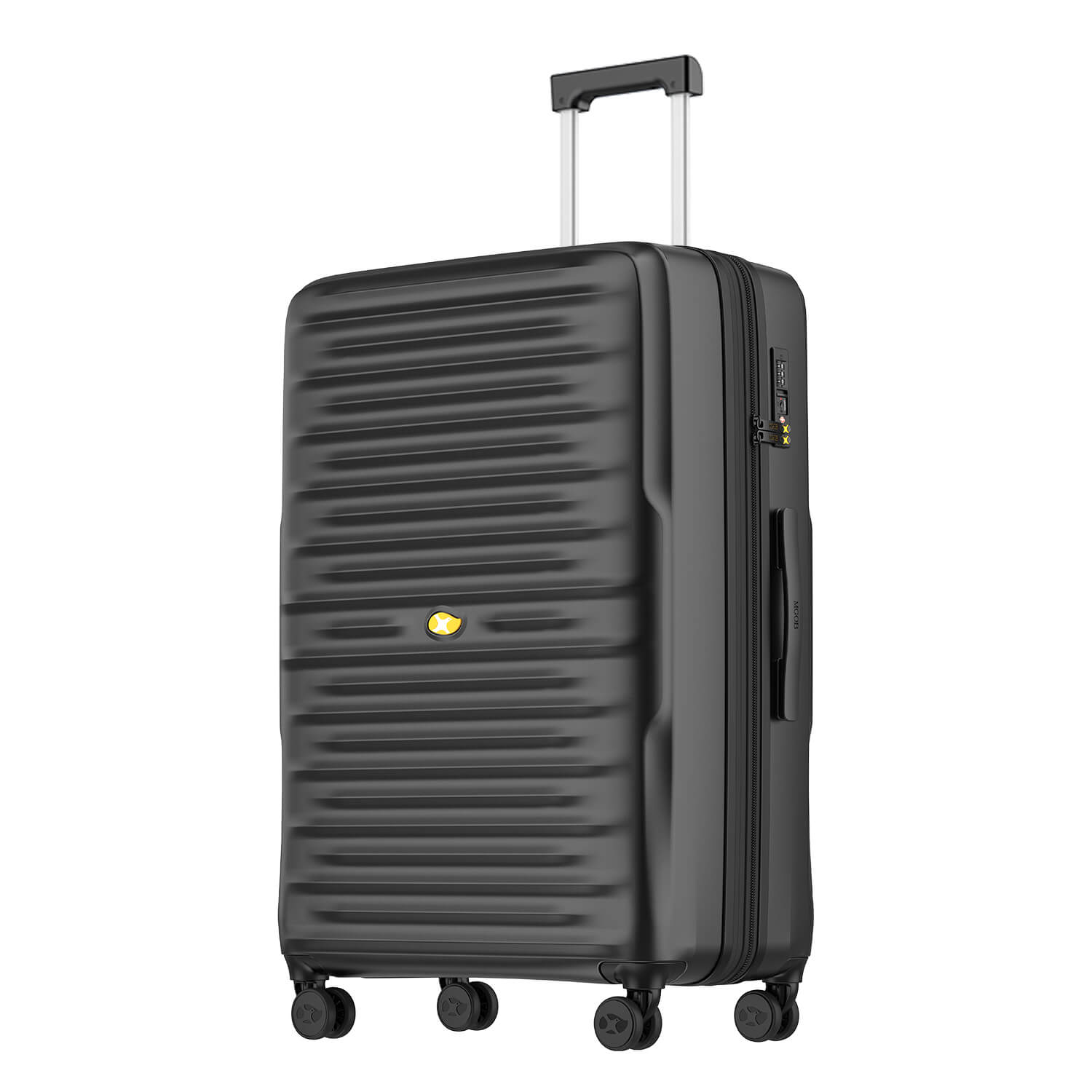 Black suitcase with a visible brand logo on a white background