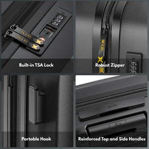 Collage of a black suitcase with features highlighted, including a built-in TSA lock, robust zipper, portable hook, and reinforced top and side handles.