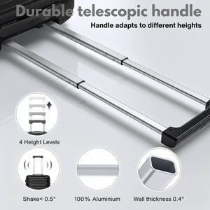 Telescopic handle with adjustable height levels and material specifications on a white background