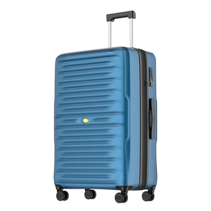 Blue suitcase with a visible brand logo on a white background
